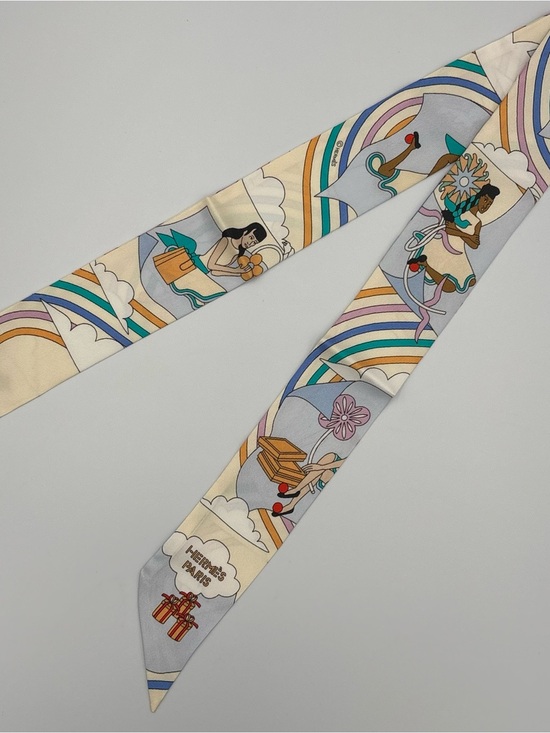Hermes Accessories - Hermes Carres Volants Twilly Scarf Pastel Blue Cream Multicolor Silk